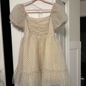 [SOLD] - Joyfolie Cream and Black Puff Sleeve Mini Dress